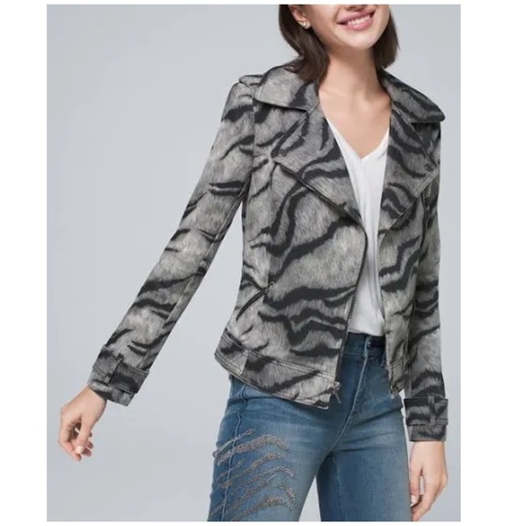 White House Black Market Whte Tiger Animal Printed Denim Moto Jacket Blazer Sz 8 - Picture 6 of 6